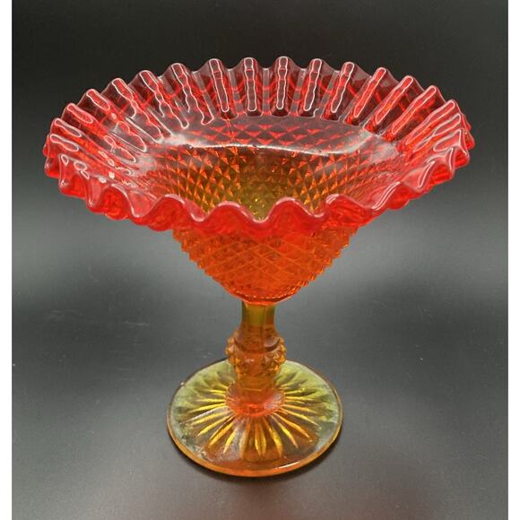Fenton? Amberina Red / Orange Art Glass Ruffle-Edge Pedestal Bowl - Ornate Dish - Picture 5 of 12